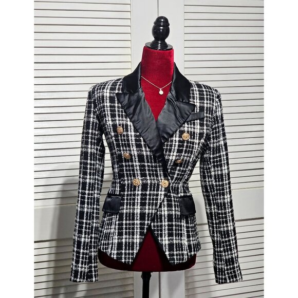 Rachel Parcell Jackets & Blazers - Rachel Parcell Women's Plaid Tweed Double Breasted Satin Lapel Blazer Sz 4 3151